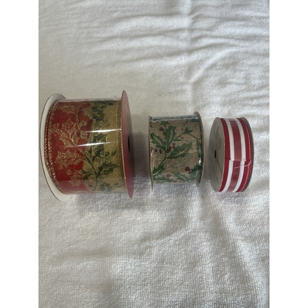 Lot Of 3 Christmas Holiday Craft Ribbon Bows Holly Burlap Grograin